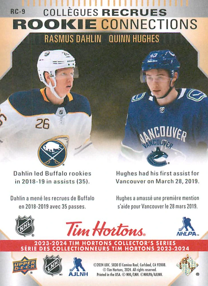 2023-24 UD Tim Hortons Greatest Duos - Rasmus Dahlin, Quinn Hughes - Rookie Connections #RC-9