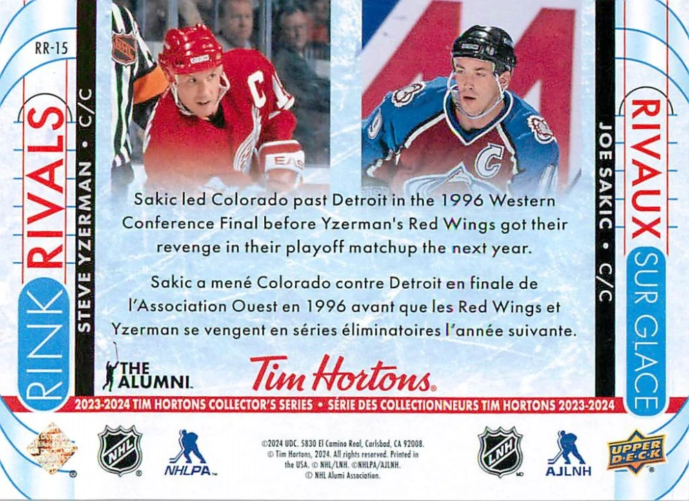 2023-24 UD Tim Hortons Greatest Duos - Steve Yzerman, Joe Sakic - Rink Rivals #RR-15