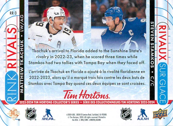 2023-24 UD Tim Hortons Greatest Duos - Matthew Tkachuk, Steven Stamkos - Rink Rivals #RR-3