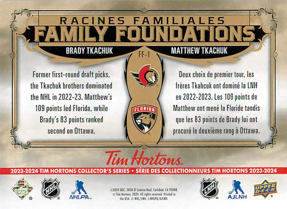 2023-24 UD Tim Hortons Greatest Duos - Brady Tkachuk, Matthew Tkachuk - Family Foundations #FF-1