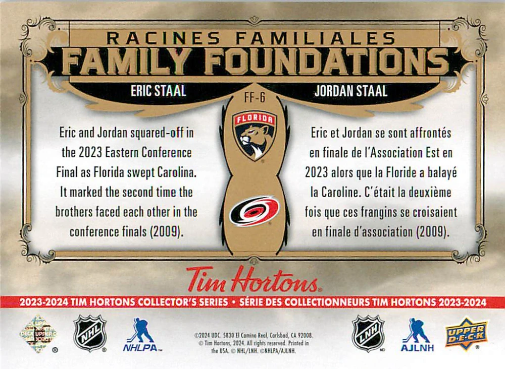 2023-24 UD Tim Hortons Greatest Duos - Eric Staal, Jordan Staal - Family Foundations #FF-6