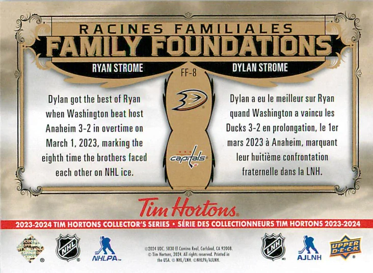 2023-24 UD Tim Hortons Greatest Duos - Ryan Strome, Dylan Strome - Family Foundations #FF-8