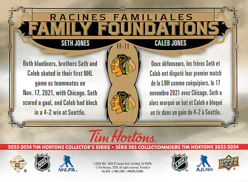 2023-24 UD Tim Hortons Greatest Duos - Seth Jones, Caleb Jones - Family Foundations #FF-11