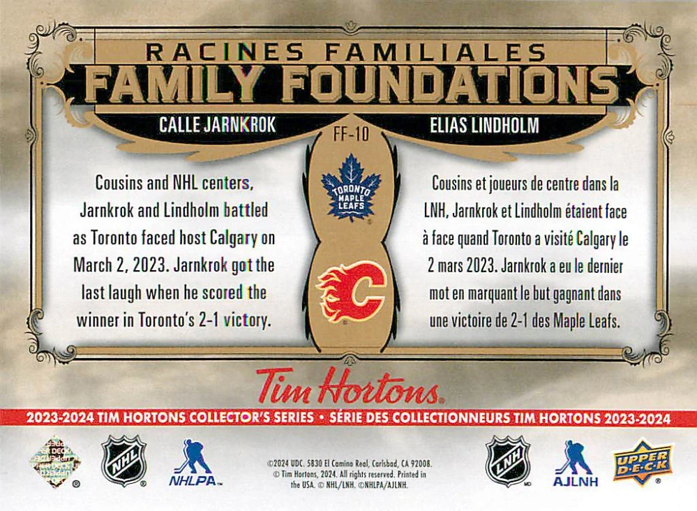 2023-24 UD Tim Hortons Greatest Duos - Calle Jarnkrok, Elias Lindholm - Family Foundations #FF-10