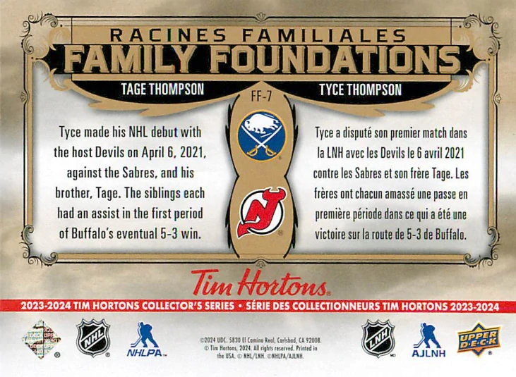 2023-24 UD Tim Hortons Greatest Duos - Tage Thompson, Tyce Thompson - Family Foundations #FF-7
