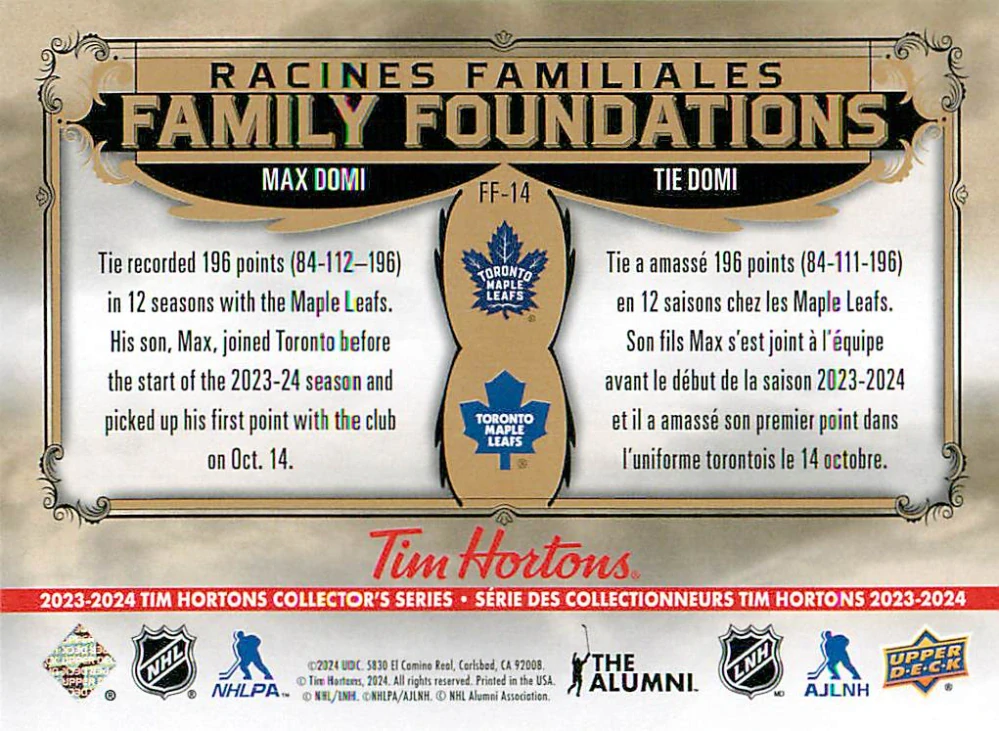 2023-24 UD Tim Hortons Greatest Duos - Max Domi, Tie Domi - Family Foundations #FF-14