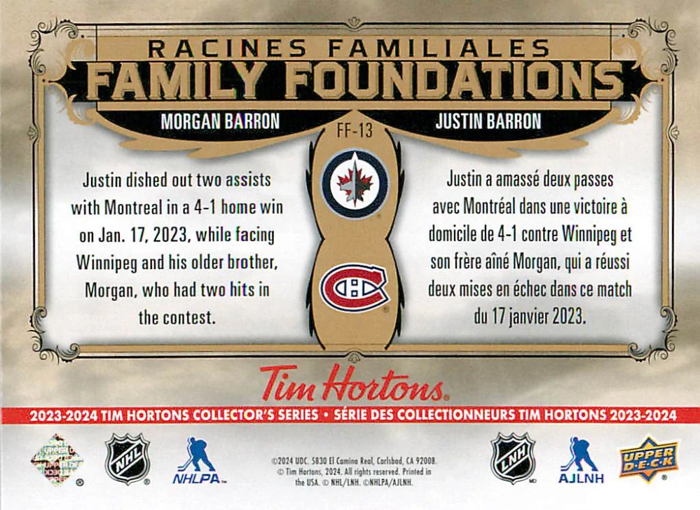 2023-24 UD Tim Hortons Greatest Duos - Morgan Barron, Justin Barron - Family Foundations #FF-13