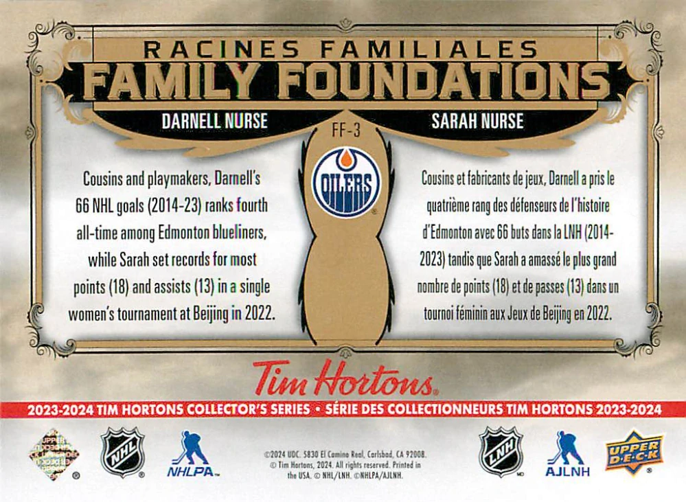 2023-24 UD Tim Hortons Greatest Duos - Darnell Nurse, Sarah Nurse - Family Foundations #FF-3