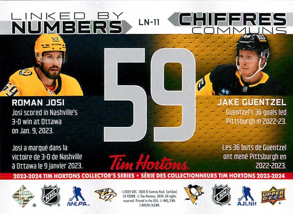 2023-24 UD Tim Hortons Greatest Duos - Roman Josi, Jake Guentzel - Linked By Numbers #LN-11