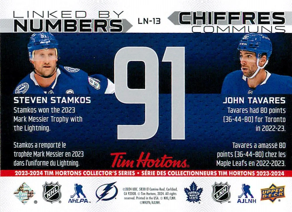 2023-24 UD Tim Hortons Greatest Duos - Steven Stamkos, John Tavares - Linked By Numbers #LN-13