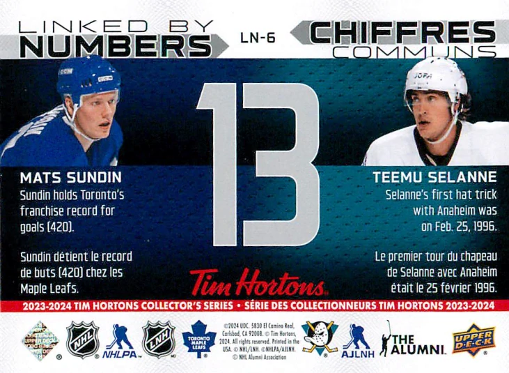 2023-24 UD Tim Hortons Greatest Duos - Mats Sundin, Teemu Selanne - Linked By Numbers #LN-6