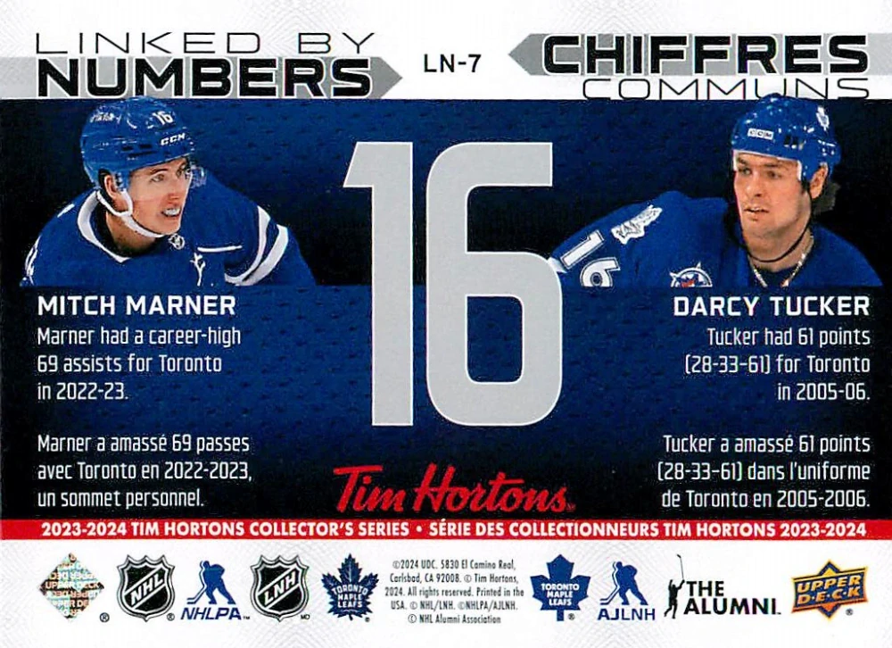 2023-24 UD Tim Hortons Greatest Duos - Mitch Marner, Darcy Tucker - Linked By Numbers #LN-7