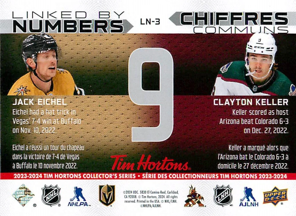 2023-24 UD Tim Hortons Greatest Duos - Jack Eichel, Clayton Keller - Linked By Numbers #LN-3