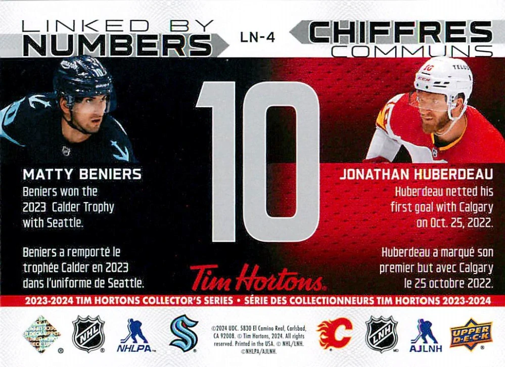 2023-24 UD Tim Hortons Greatest Duos - Matty Beniers, Jonathan Huberdeau - Linked By Numbers #LN-4