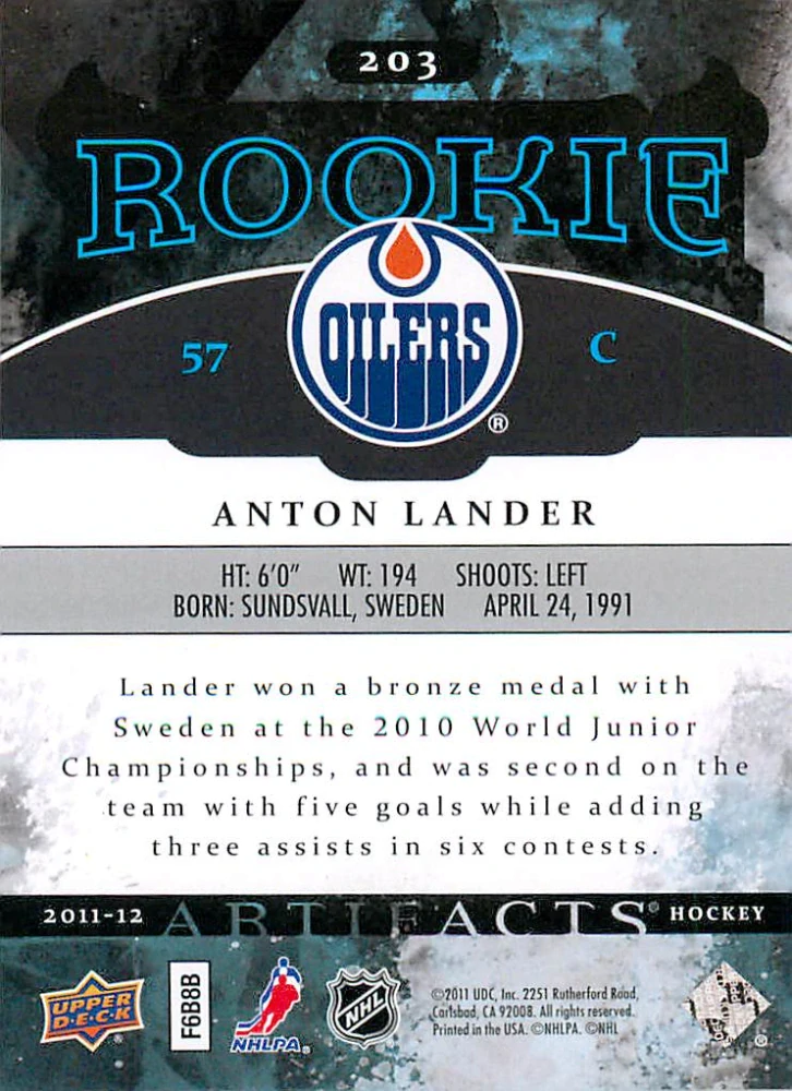 2011-12 UD Artifacts - Anton Lander #203