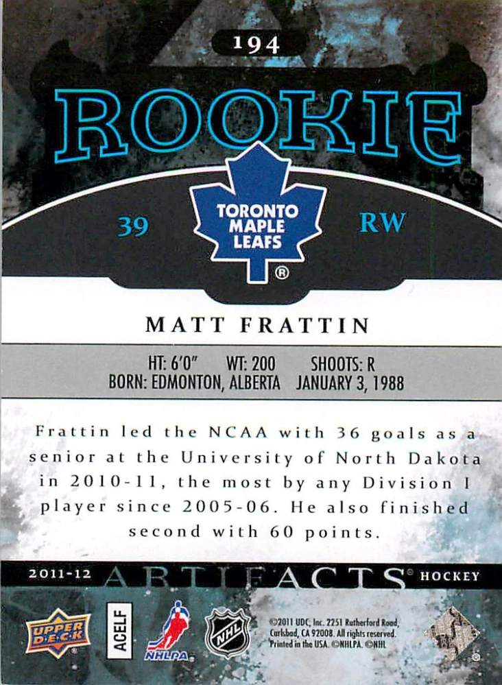 2011-12 UD Artifacts - Matt Frattin - Rookie /999 #194