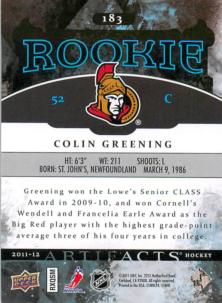 2011-12 UD Artifacts - Colin Greening - Rookie /999 #183