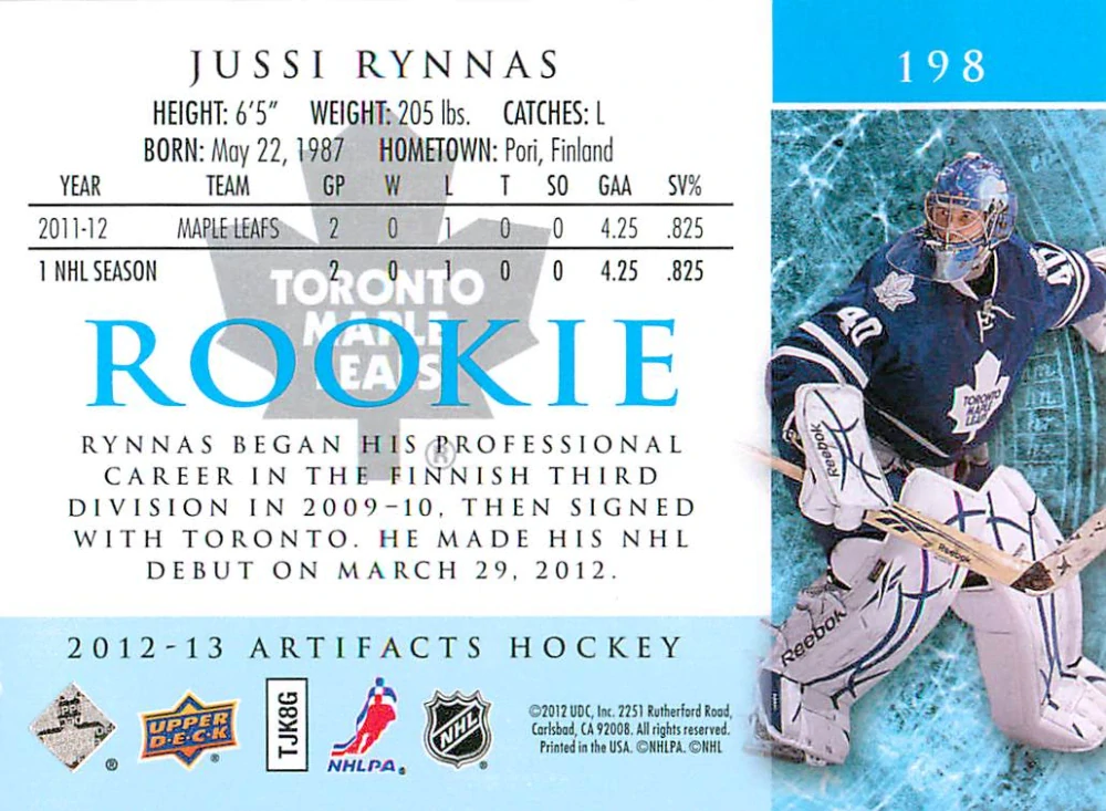 2012-13 UD Artifacts - Jussi Rynnas - Rookie /999 #198