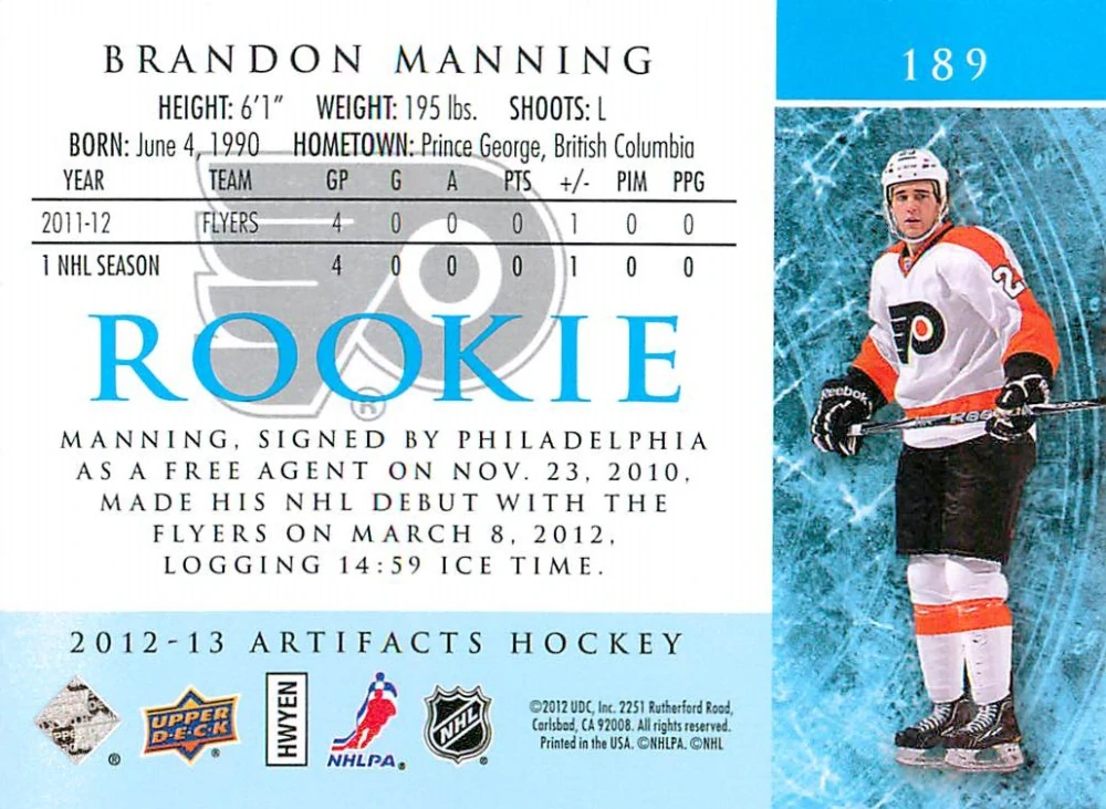 2012-13 UD Artifacts - Brandon Manning - Rookie /999 #189