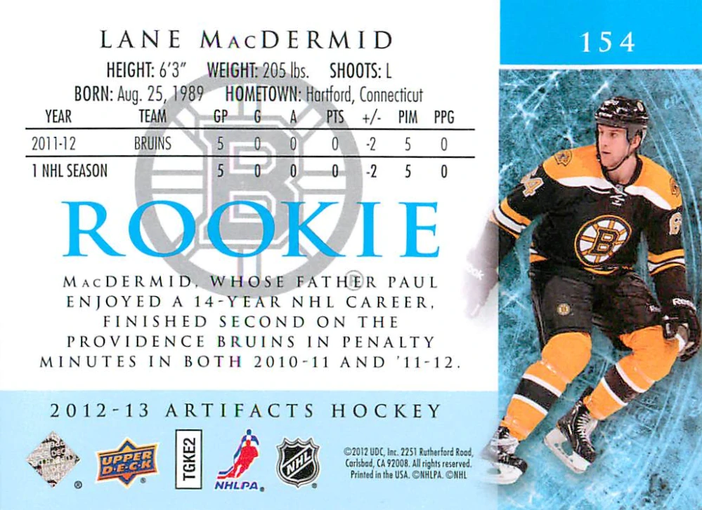 2012-13 UD Artifacts - Lane MacDerimd - Rookie /999 #154