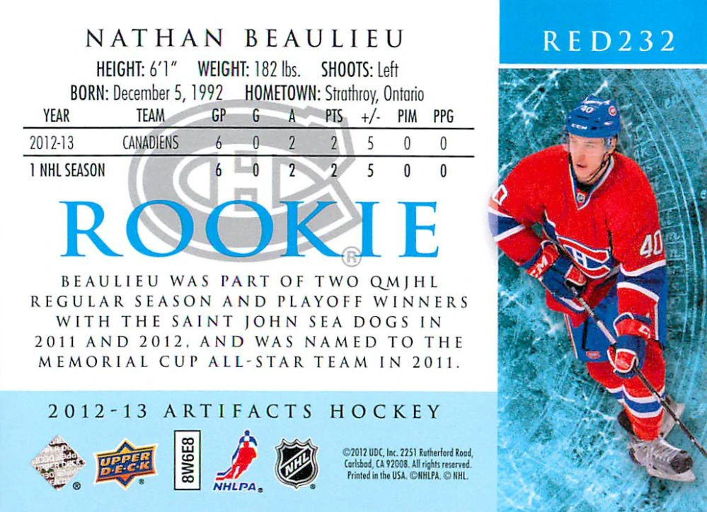 2012-13 UD Artifacts - Nathan Beaulieu - Rookie /699 #RED232