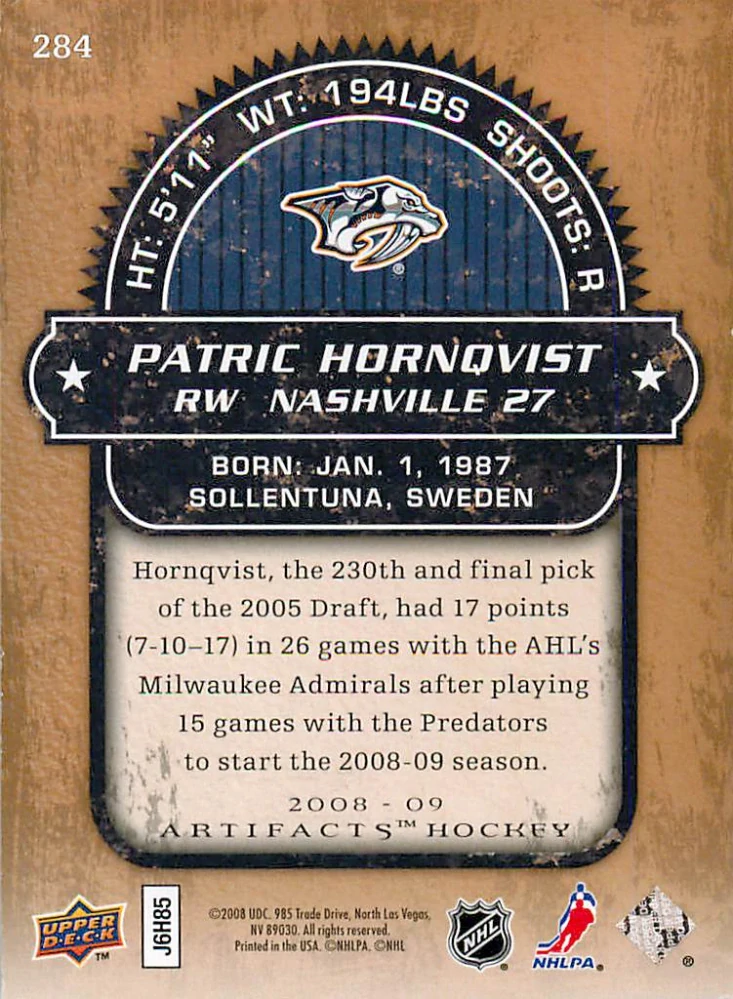 2008-09 UD Artifacts - Patric Hornqvist - Rookie /999 #284