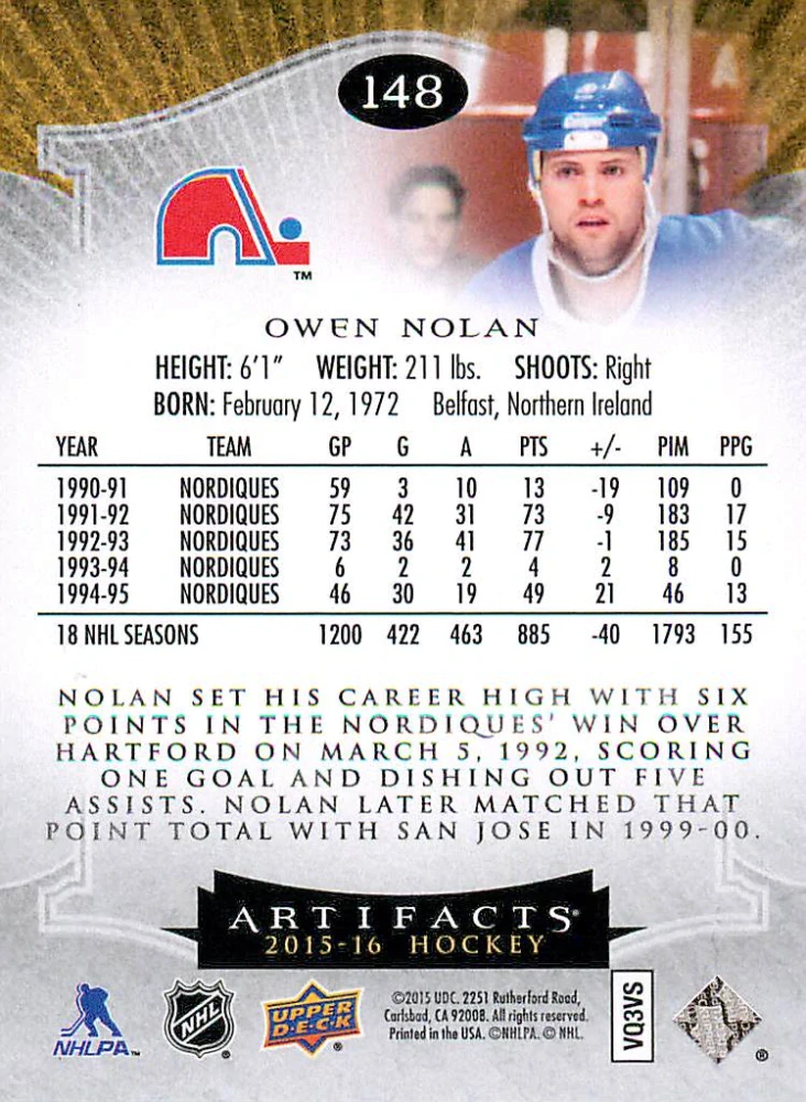 2015-16 UD Artifacts - Owen Nolan - Ruby /399 #148