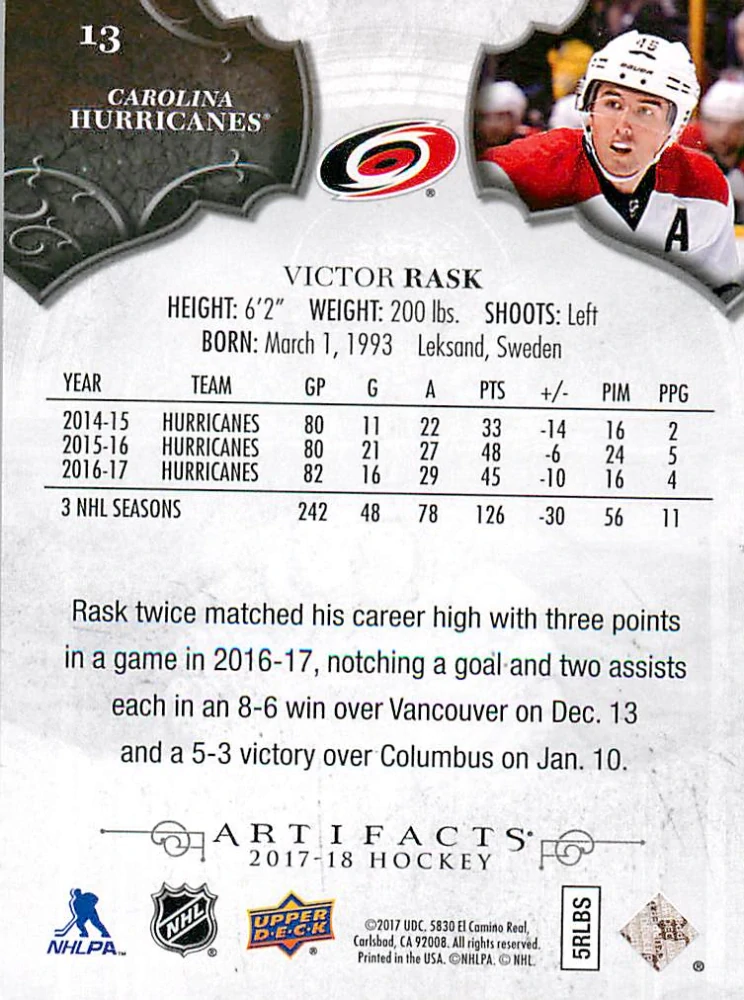 2017-18 UD Artifacts - Victor Rask - Ruby /299 #13
