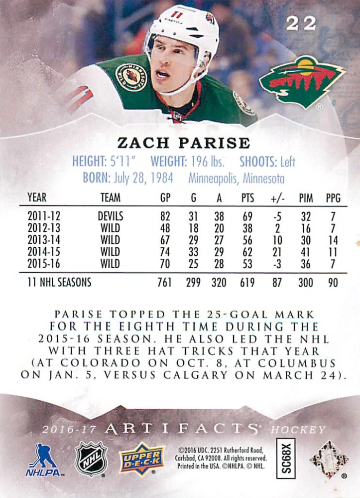 2016-17 UD Artifacts - Zach Parise - Ruby /299 #22