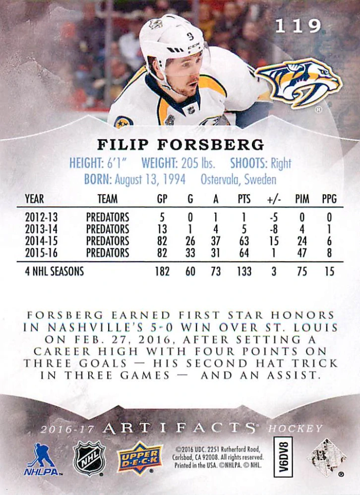 2016-17 UD Artifacts - Filip Forsberg - Emerald /99 #119