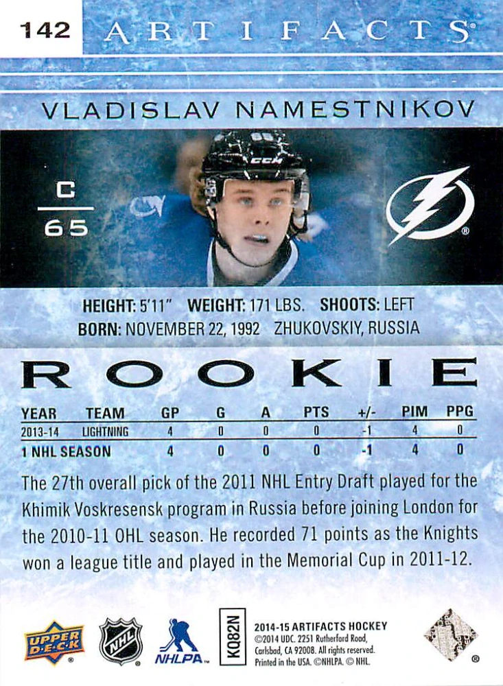 2014-15 UD Artifacts - Vladislav Namestnikov - Rookie /999 #142