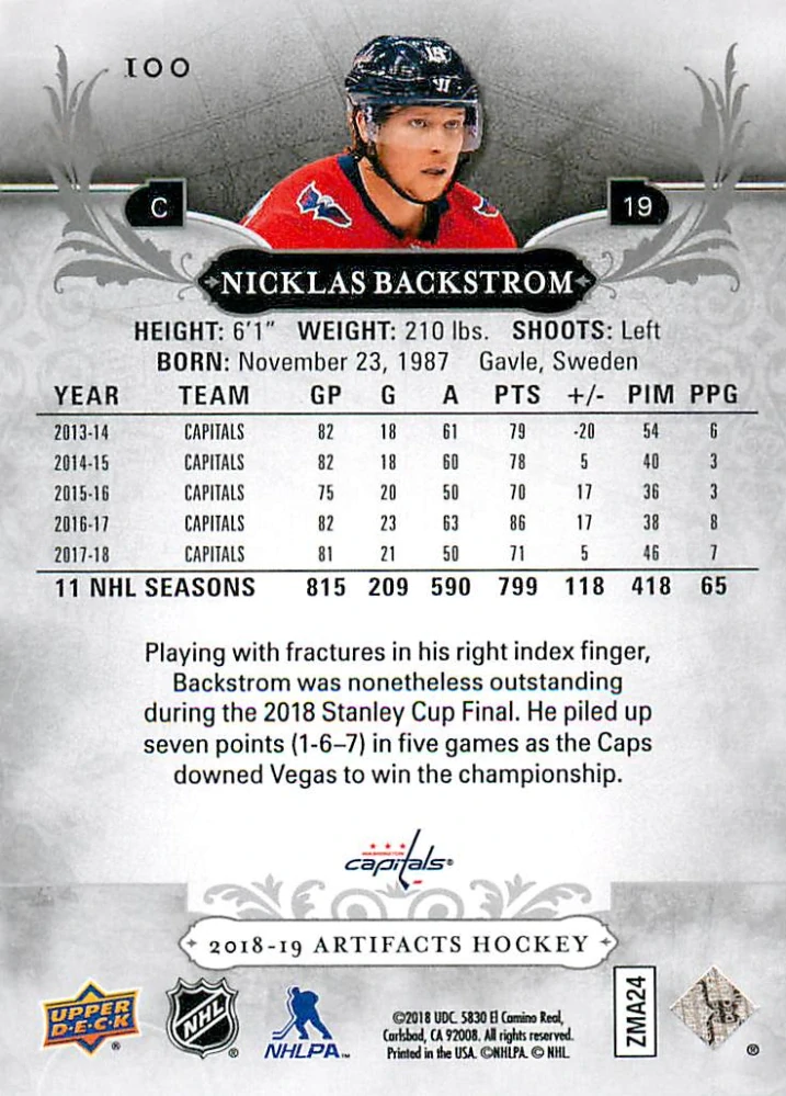 2018-19 UD Artifacts - Nicklas Backstrom - Ruby /299 #100