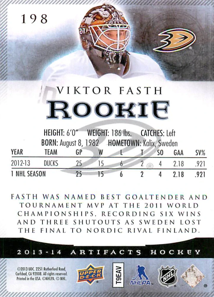 2013-14 UD Artifacts - Viktor Fasth - Rookie /999 #198