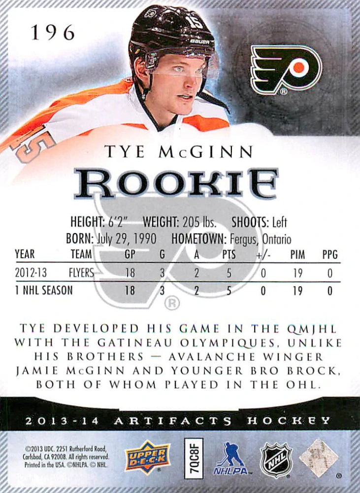 2013-14 UD Artifacts - Tye McGinn - Rookie /999 #196