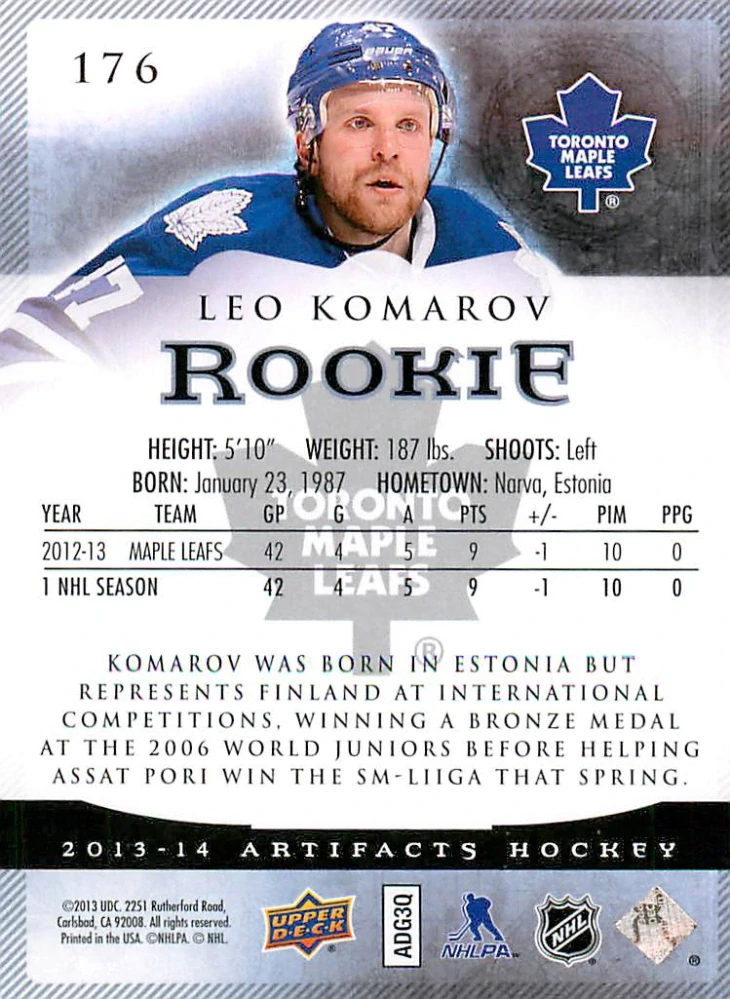 2013-14 UD Artifacts - Leo Komarov - Rookie /999 #176