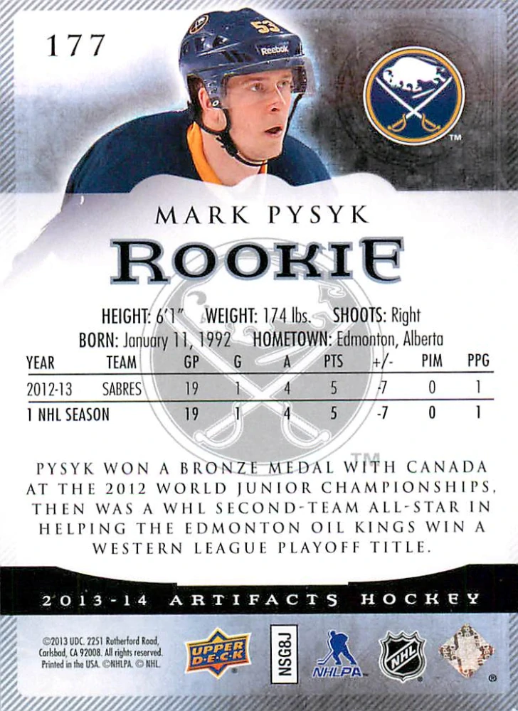 2013-14 UD Artifacts - Mark Pysyk - Rookie /999 #177
