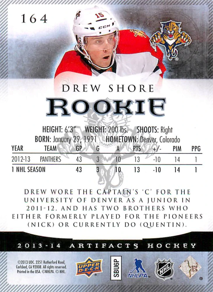 2013-14 UD Artifacts - Drew Shore - Rookie /999 #164