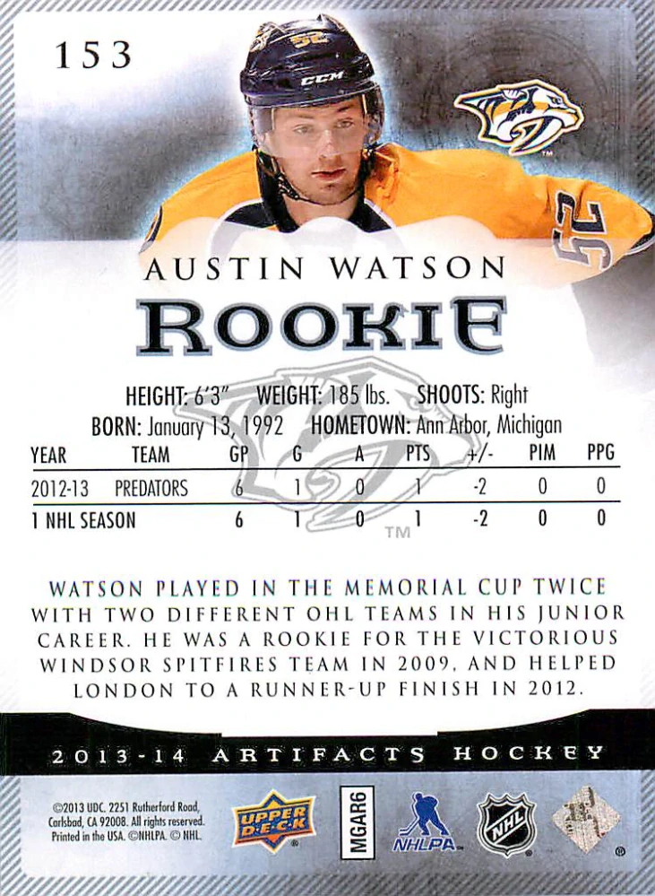 2013-14 UD Artifacts - Austin Watson - Rookie /999 #153