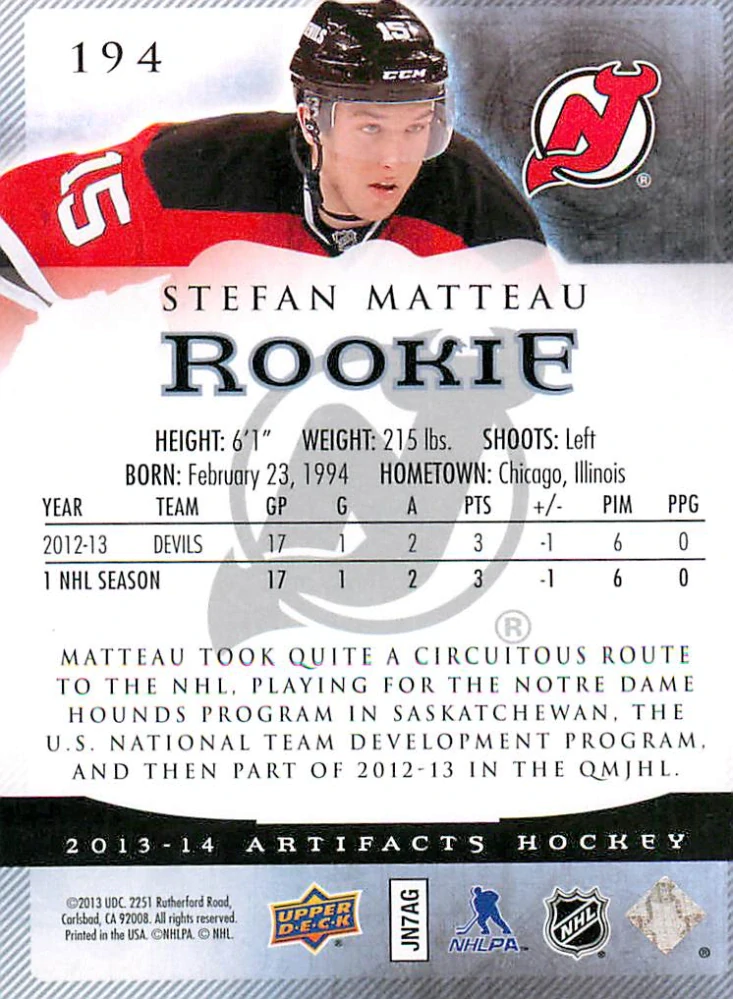 2013-14 UD Artifacts - Stefan Matteau - Rookie /999 #194