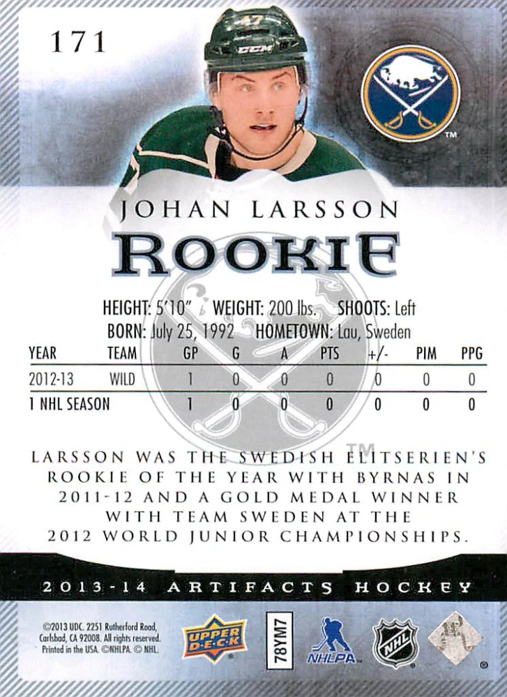 2013-14 UD Artifacts - Johan Larsson - Rookie /999 #171