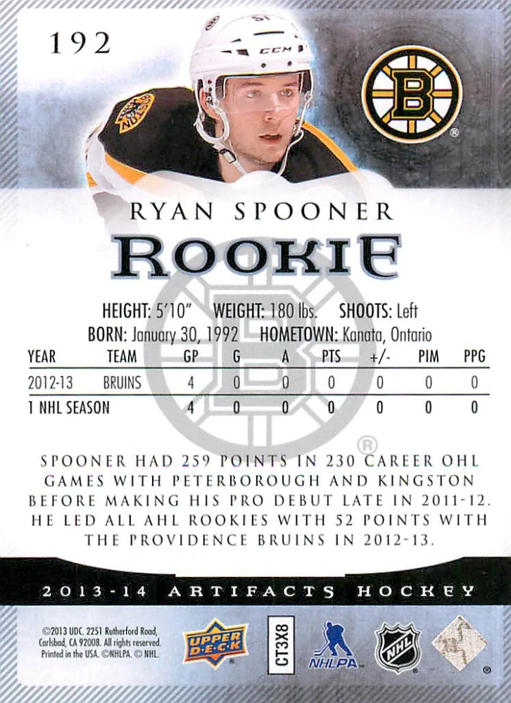 2013-14 UD Artifacts - Ryan Spooner - Rookie /999 #192