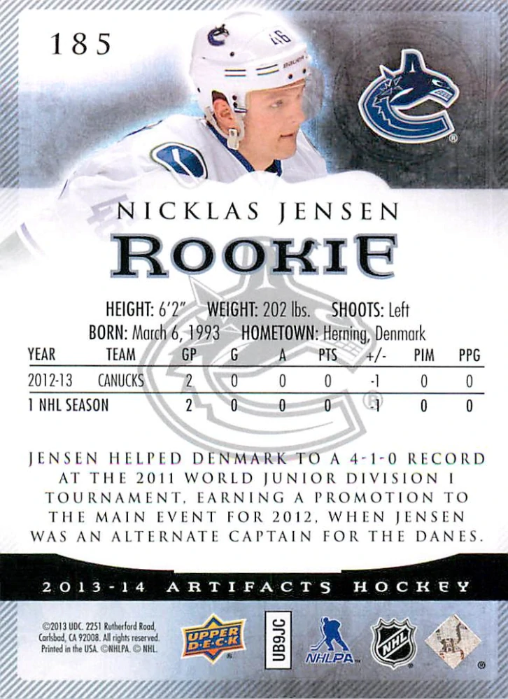 2013-14 UD Artifacts - Nicklas Jensen - Rookie /999 #185