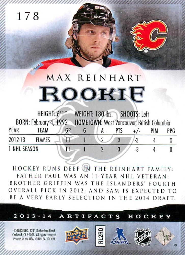 2013-14 UD Artifacts - Max Reinhart - Rookie /999 #178