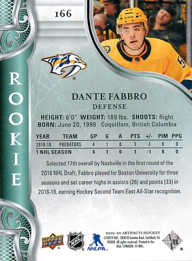 2019-20 UD Artifacts - Dante Fabbro - Rookie Copper /299 #166