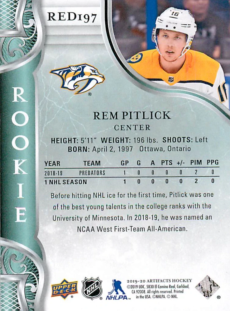 2019-20 UD Artifacts - Rem Pitlick - Rookie /999 #RED197