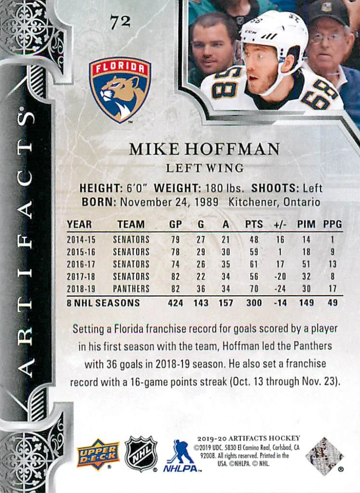 2019-20 UD Artifacts - Mike Hoffman - Emerald /99 #72