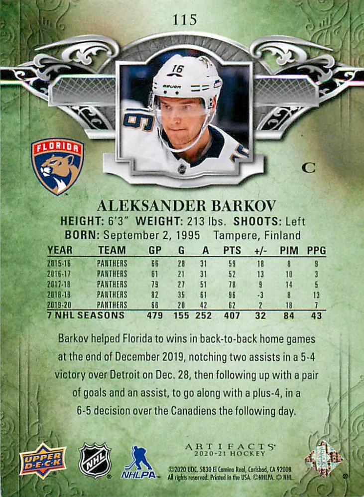 2020-21 UD Artifacts - Aleksander Barkov - Copper /299 #115