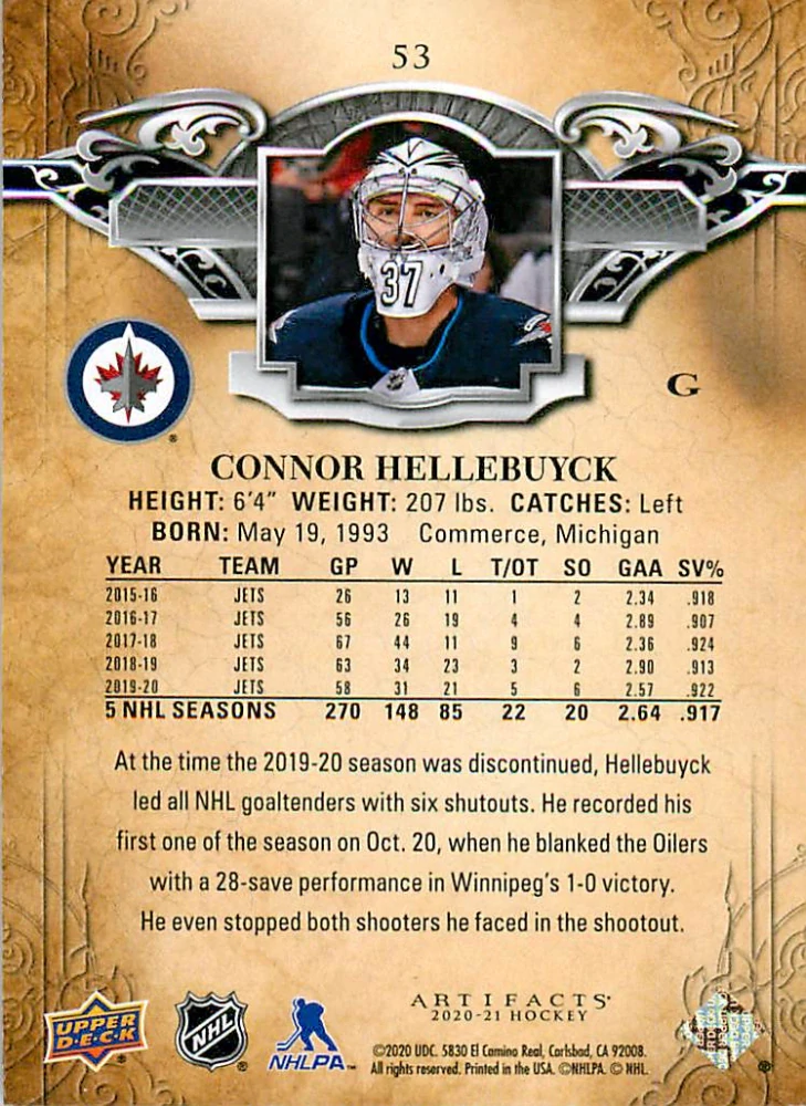 2020-21 UD Artifacts - Connor Hellebuyck - Copper /299 #53