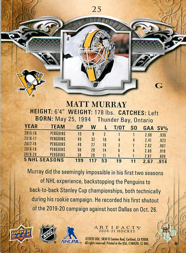 2020-21 UD Artifacts - Matt Murray - Copper /299 #25