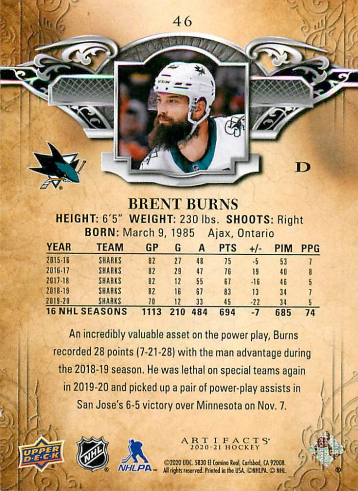 2020-21 UD Artifacts - Brent Burns - Copper /299 #46